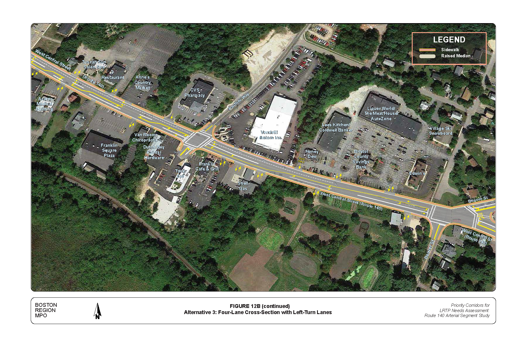 FIGURE 12B (continued): Alternative 3: Four-Lane Cross-Section with Left-Turn Lanes. Aerial-view map that illustrates MPO staff “Improvement Alternative 3,” which recommends reconfiguring West Central Street into a three-lane cross-section with left-turn lanes.